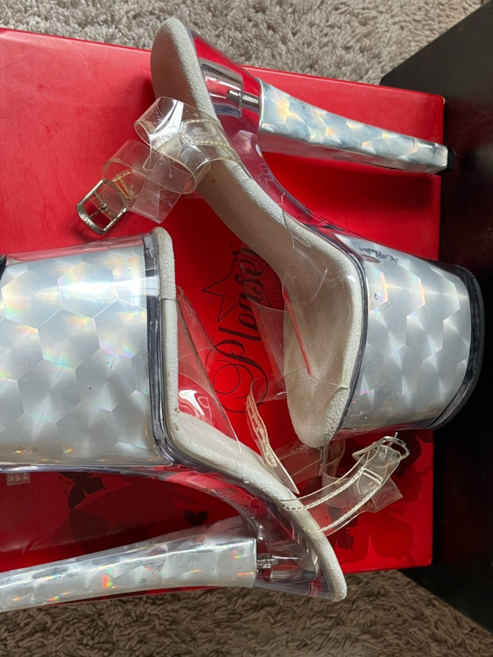Pleaser Iridescent Holographic Platform Heels with Clear Straps